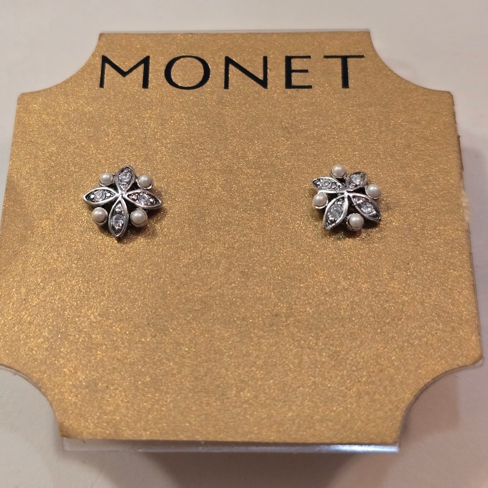 Monet Silver Tone Faux Pearl Crystal Flower Stud Earrings New